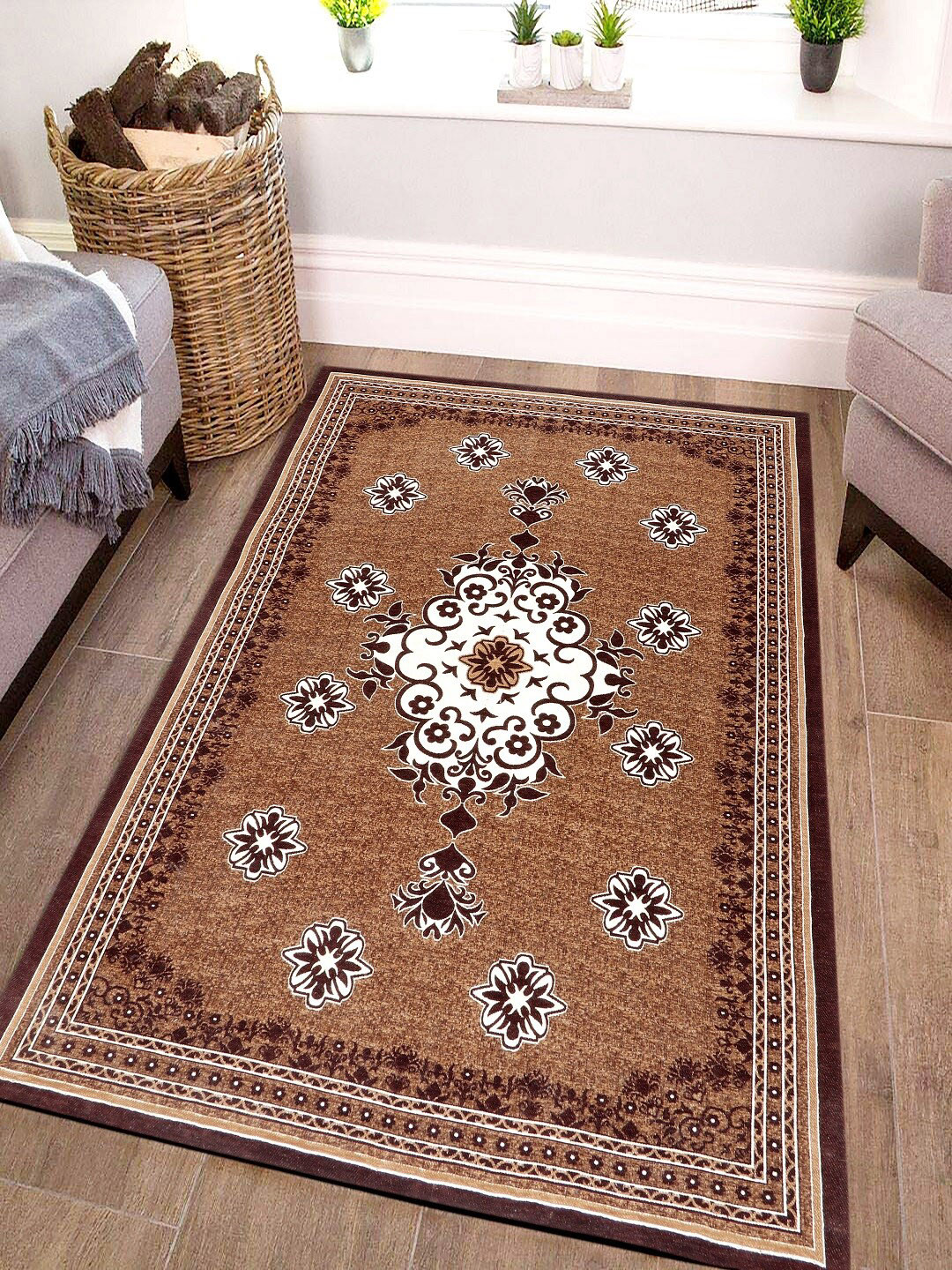 

BELLA TRUE Brown & Off-White Ethnic Motif Anti-Skid Floor Carpets