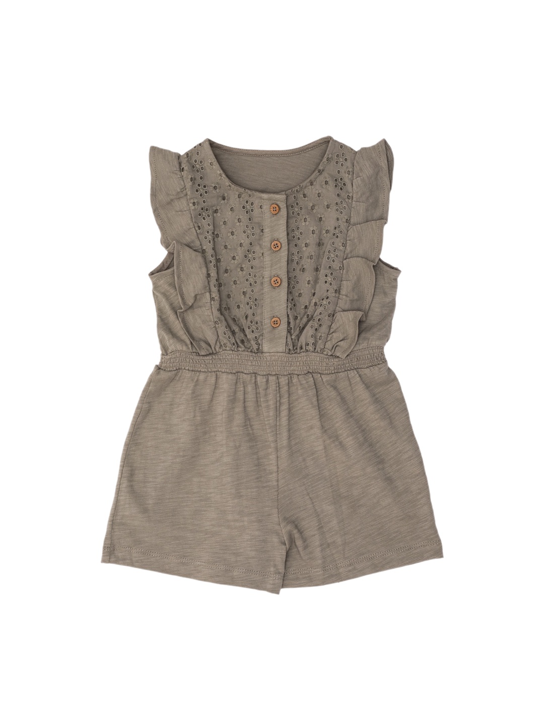 

Nino Bambino Girls Olive Green Self Design Schiffli Knitted Playsuit