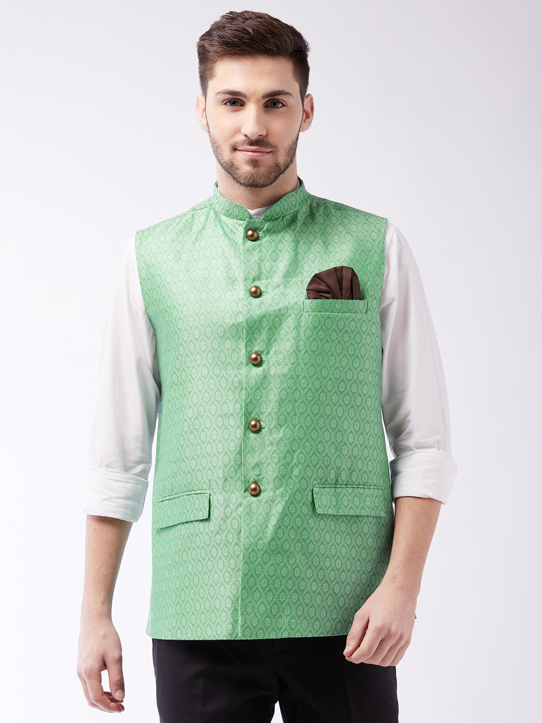 

VASTRAMAY Men Green Woven Design Nehru Jackets