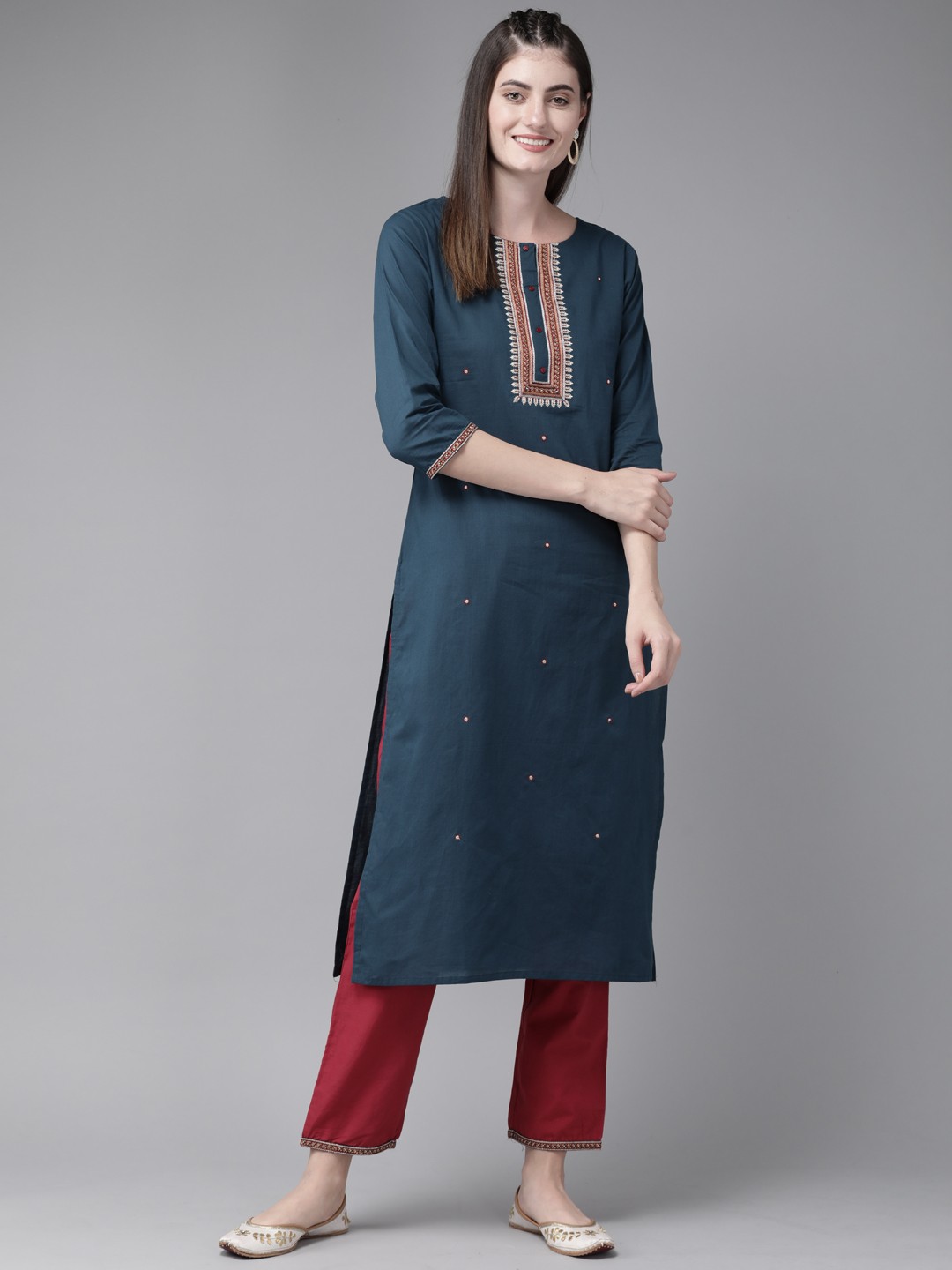 

Yufta Women Navy Blue & Maroon Pure Cotton Embroidered Kurta with Trousers