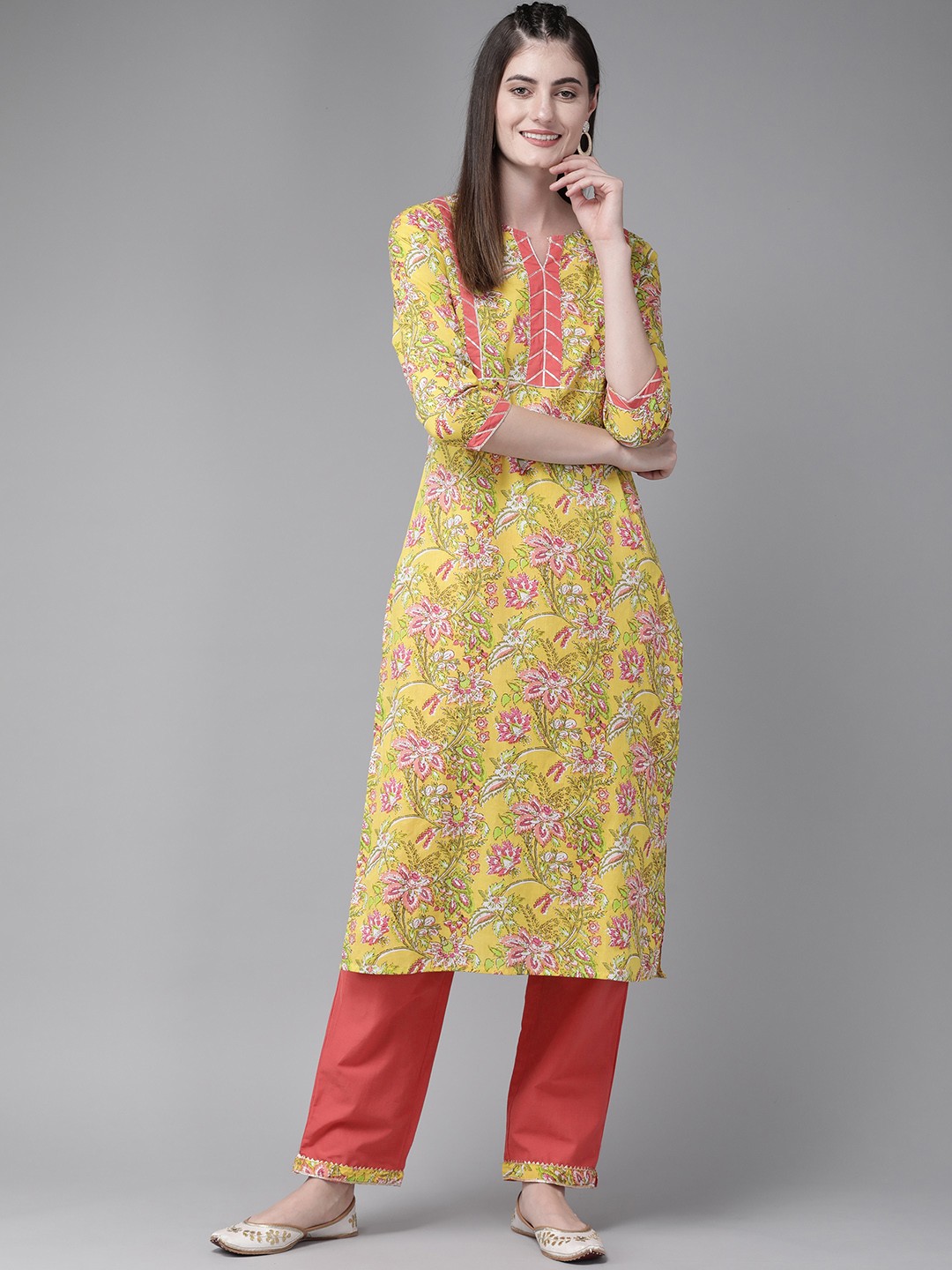 

Yufta Women Yellow & Coral Pure Cotton Printed Kurta with Trousers