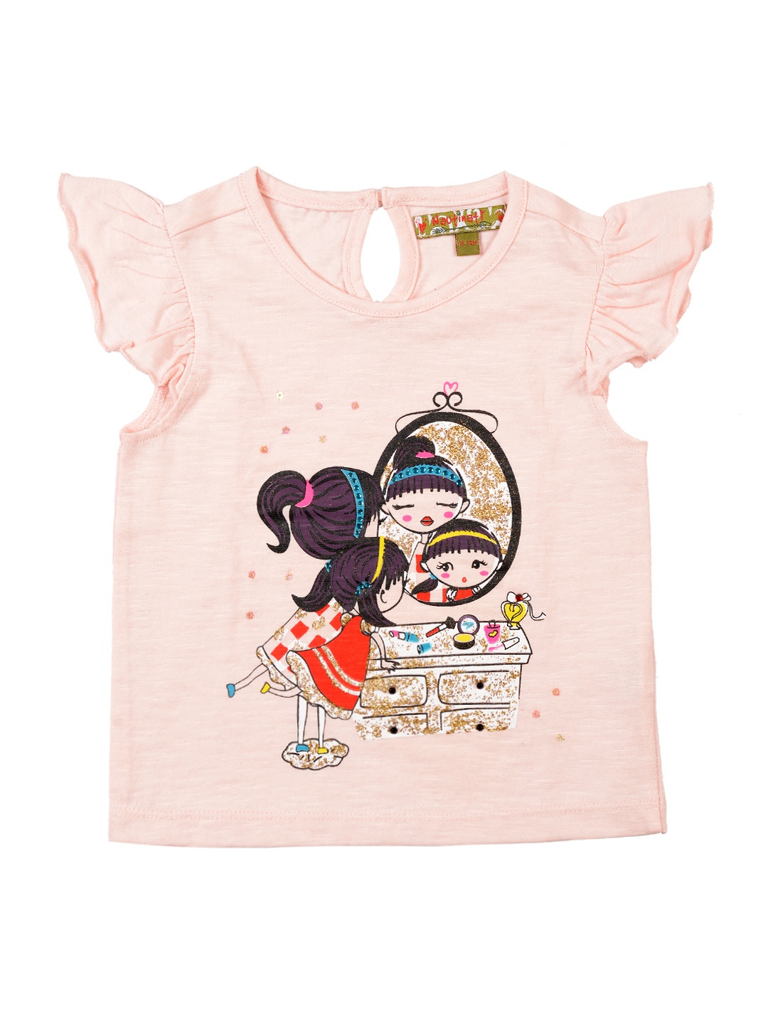

Nauti Nati Girls Peach-Coloured Printed Pure Cotton T-shirt