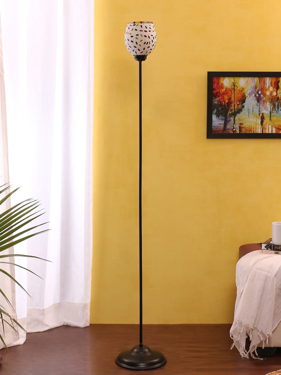 

Devansh White & Red Textured Traditional Torchiere Lamp with Shade