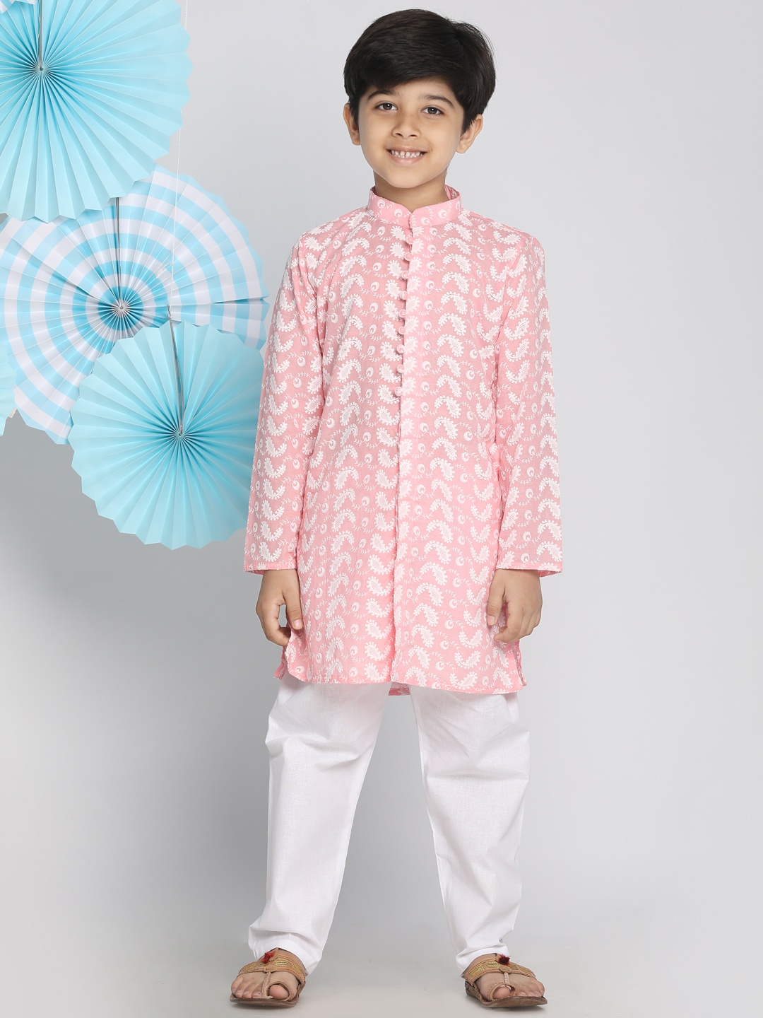 

VASTRAMAY Boys Pink & White Embroidered Kurta with Pyjamas
