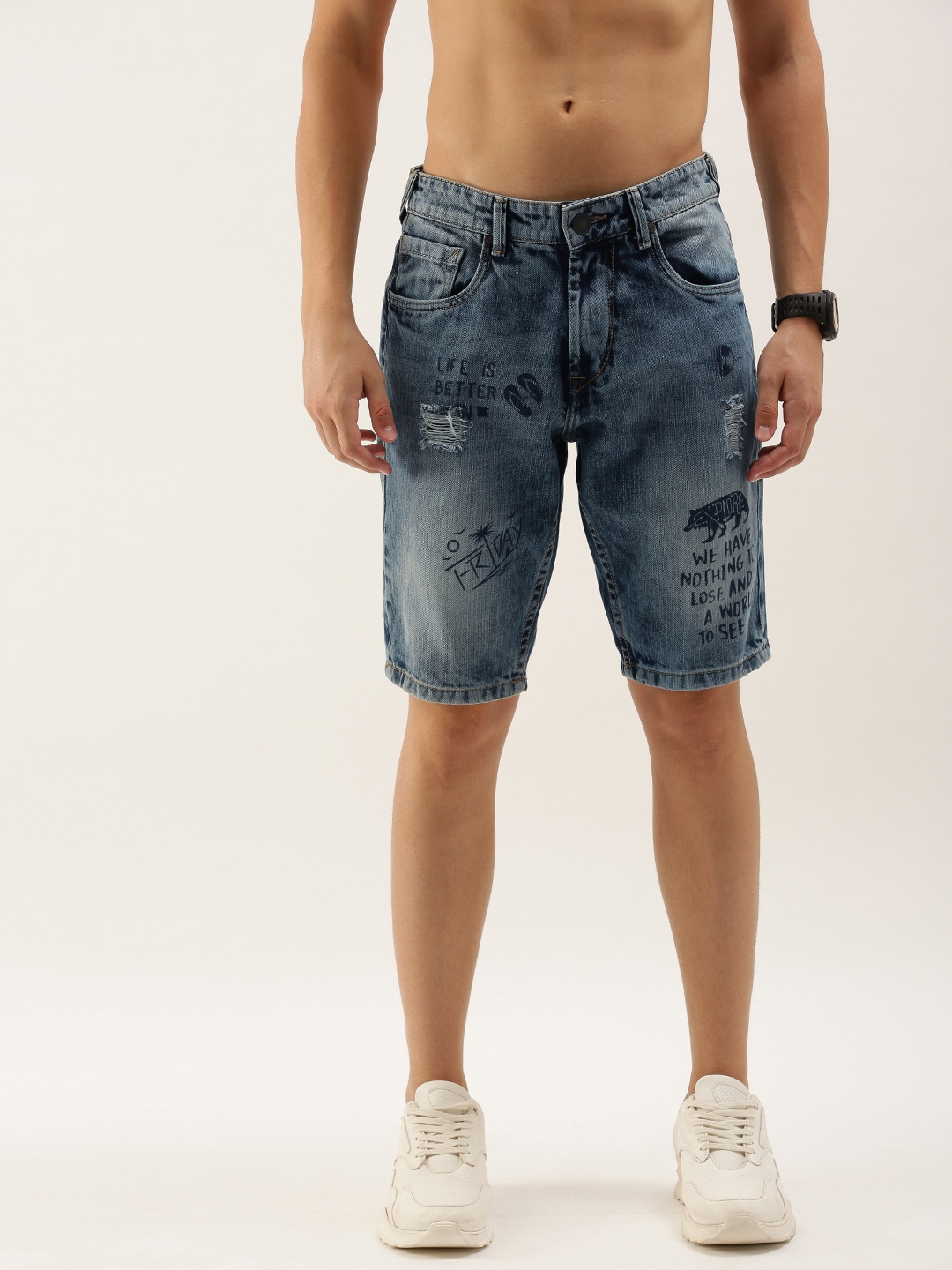

Moda Rapido Men Blue Washed Distressed Slim Fit Denim Shorts