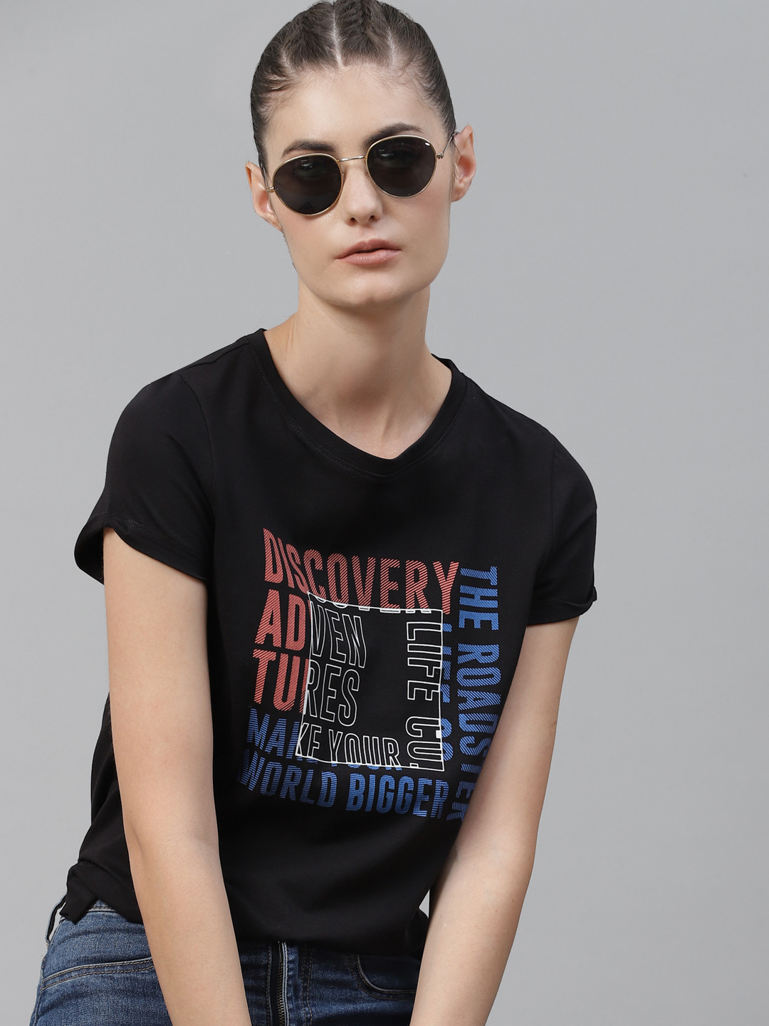 

Roadster X DISCOVERY ADVENTURES Women Black Typography Printed Pure Cotton T-shirt