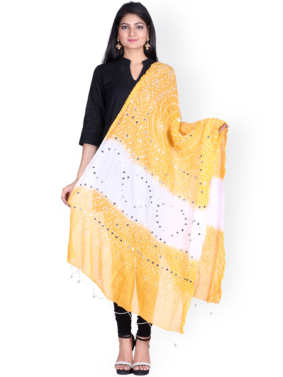 

SOUNDARYA Orange & White Sequined Bandhani Dupatta