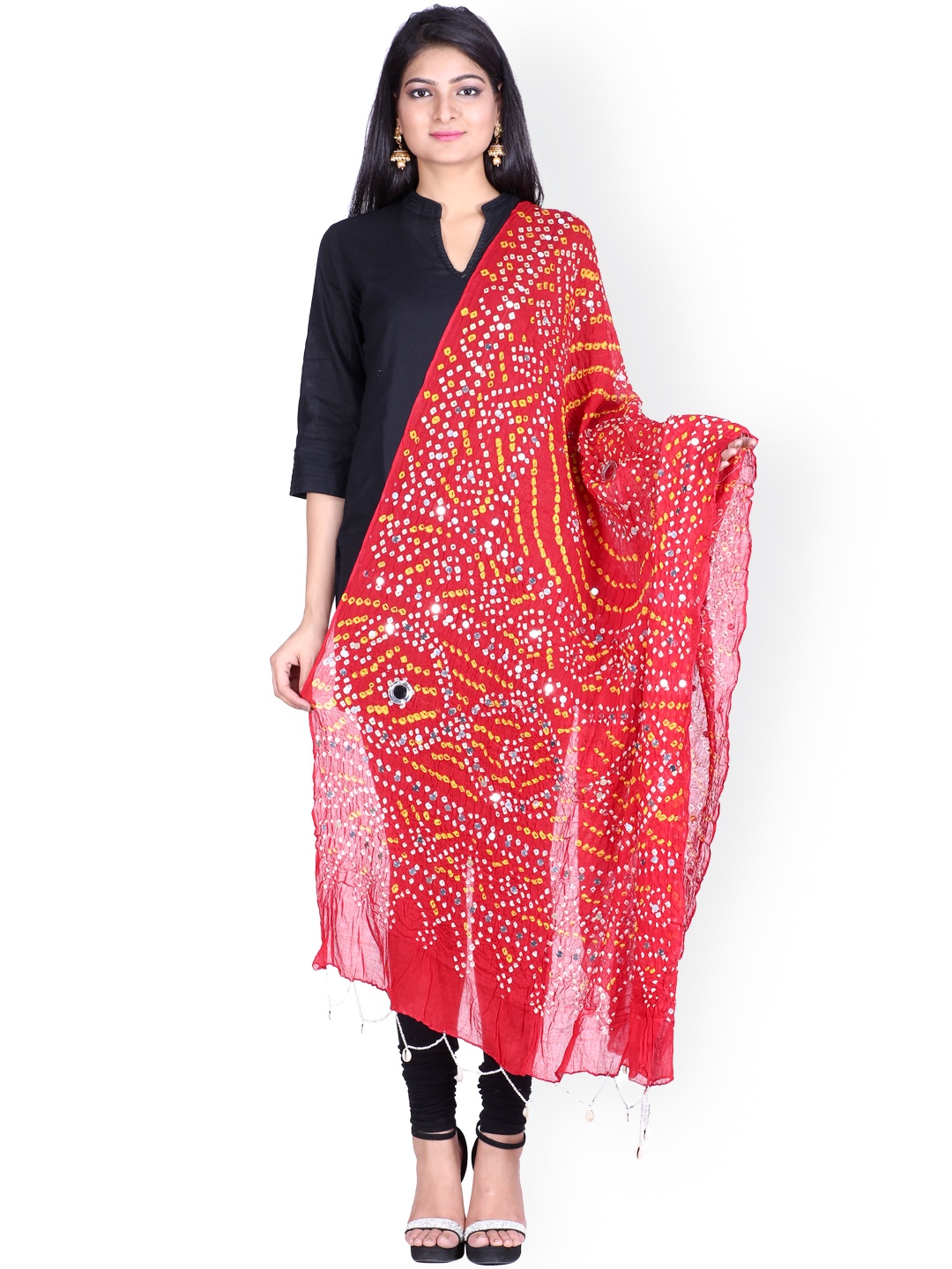 

SOUNDARYA Red Sequined Sequined Bandhani Pure Cotton Dupatta