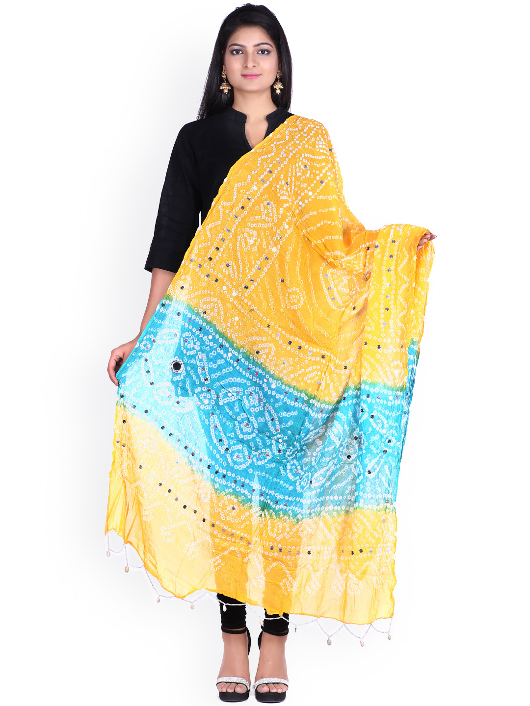 

SOUNDARYA Yellow & Blue Bandhani Print Dupatta