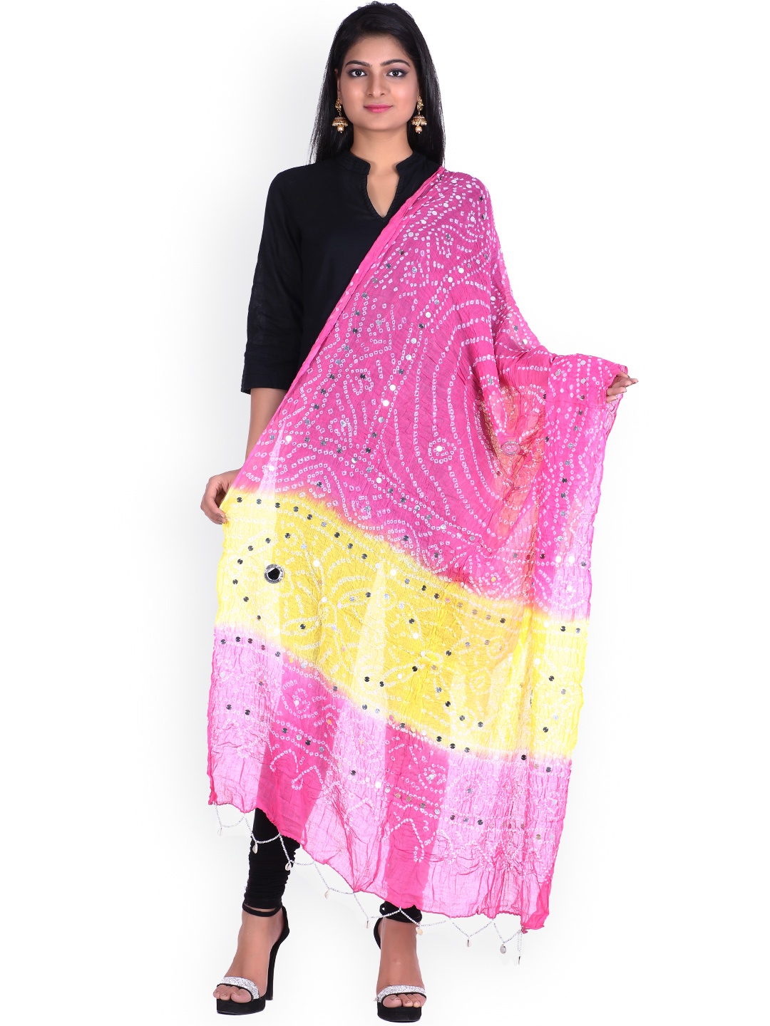 

SOUNDARYA Pink & Yellow Bandhani Print Dupatta