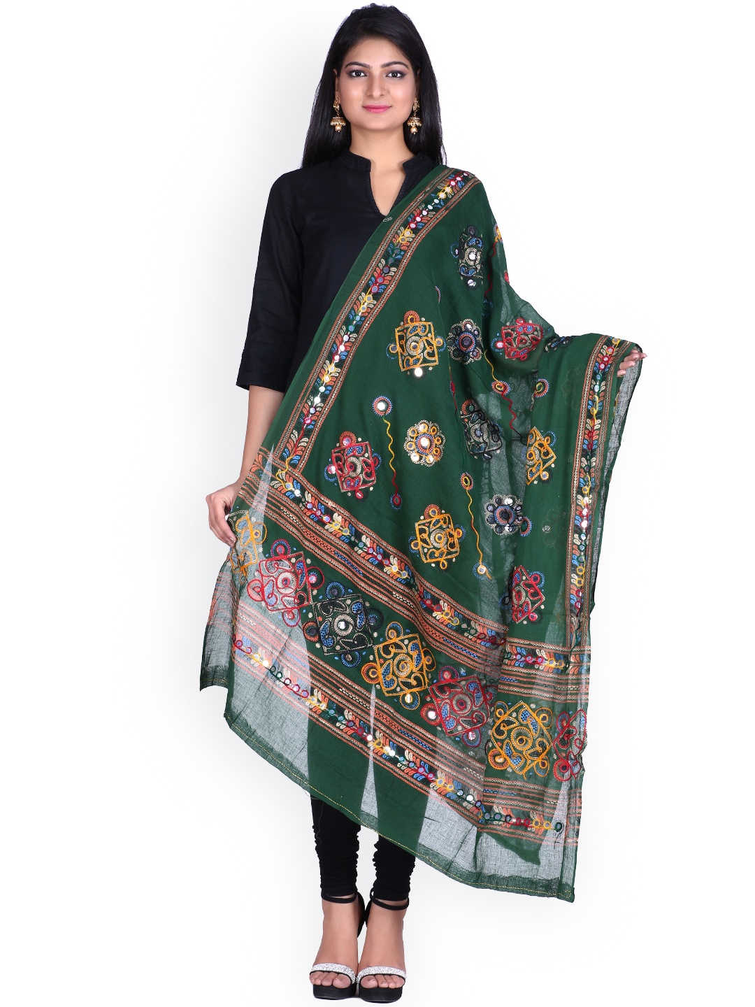 

SOUNDARYA Green Kantha Embroidered Pure Cotton Dupatta