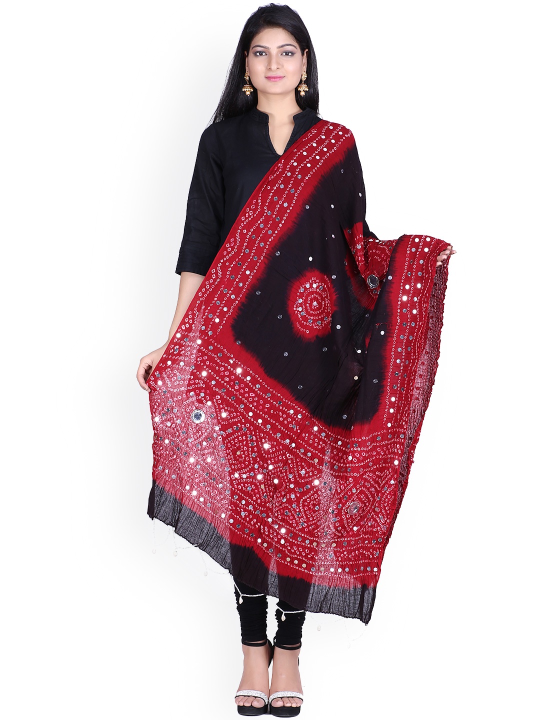 

SOUNDARYA Red & Black Bandhani Print Dupatta