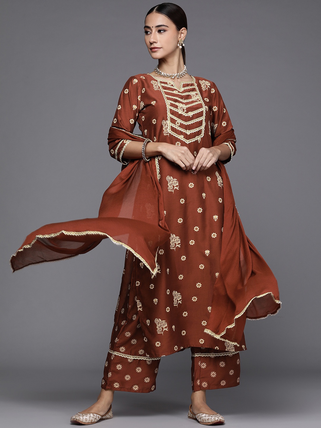 

Libas Women Brown & Off-White Printed Kurta with Palazzos & Dupatta