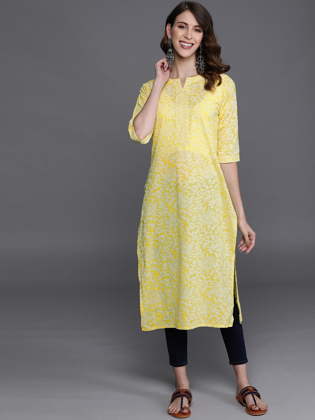 

Libas Women Yellow & White Ethnic Motifs Print Cotton Straight Kurta