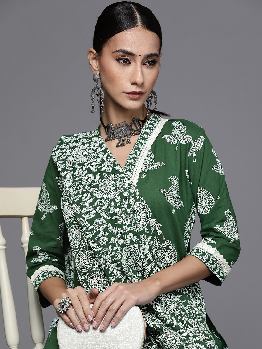 

Libas Women Green & White Printed Pure Cotton Kurta with Palazzos & With Dupatta