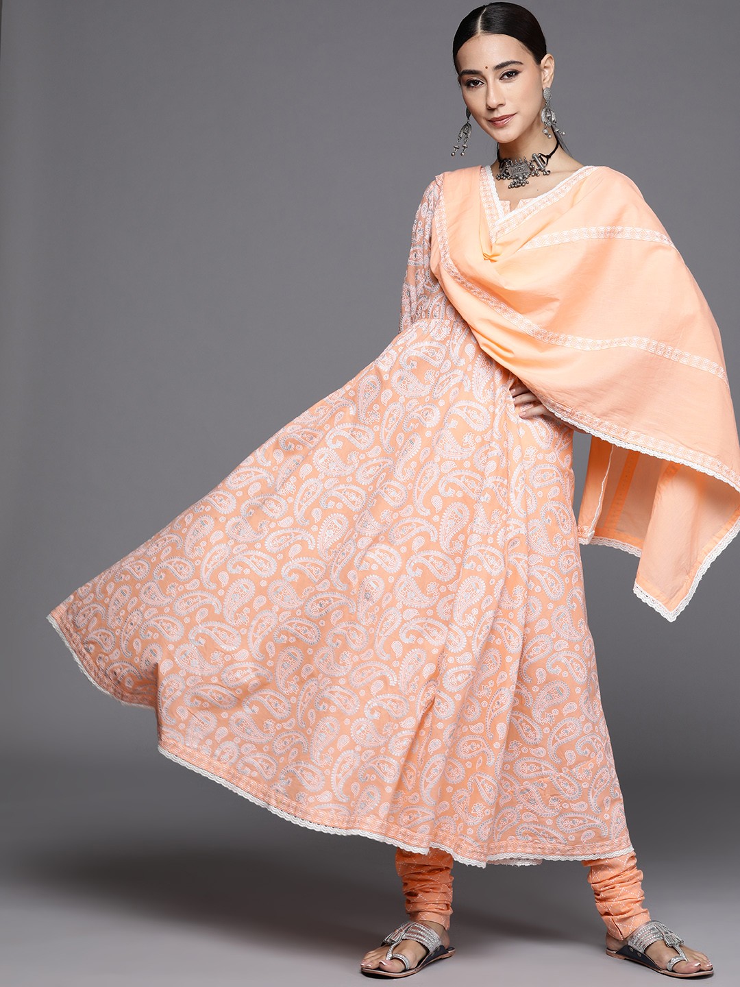 

Libas Women Peach-Coloured & White Printed Pure Cotton Kurta with Churidar & Dupatta