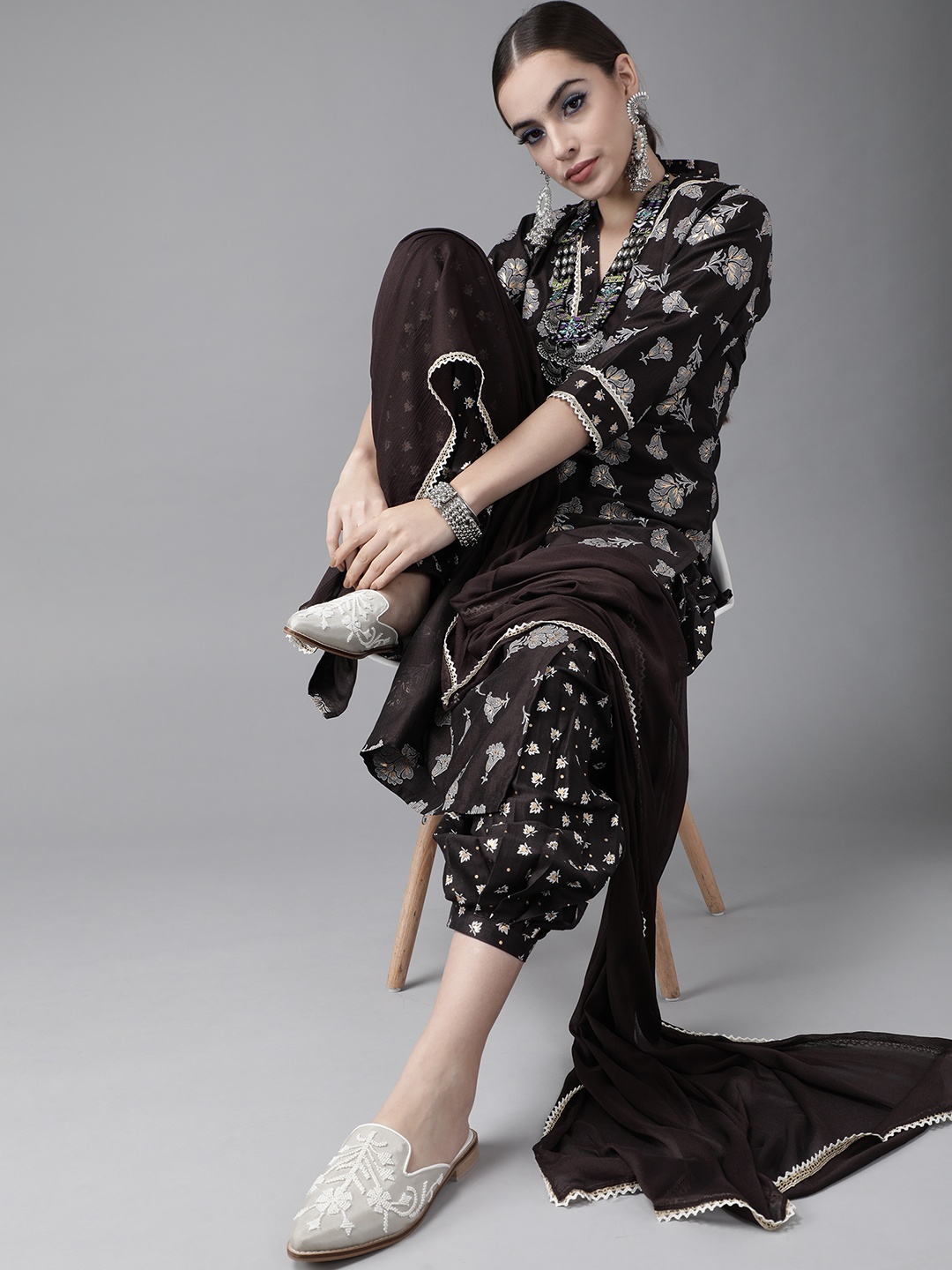 

Libas Women Brown & Beige Printed Kurta with Patiala & Dupatta