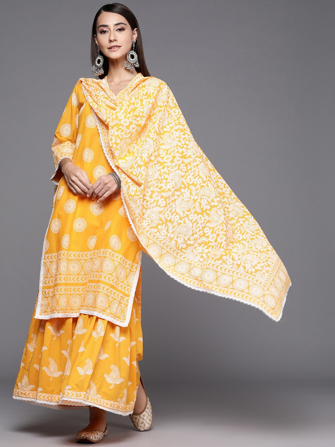 

Libas Women Yellow & White Ethnic Printed Pure Cotton Kurta with Sharara & With Dupatta