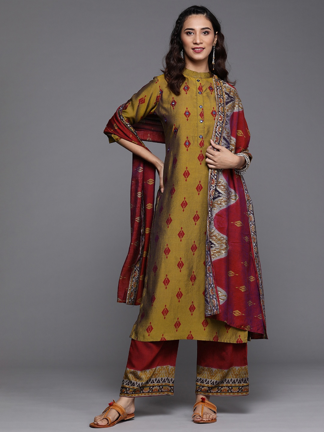Libas Women Green & Maroon Printed Mirror Work Kurta with Palazzos & With Dupatta