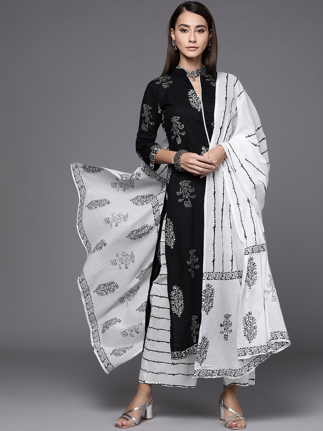 

Libas Women Black & White Printed Pure Cotton Kurta with Palazzos & Dupatta