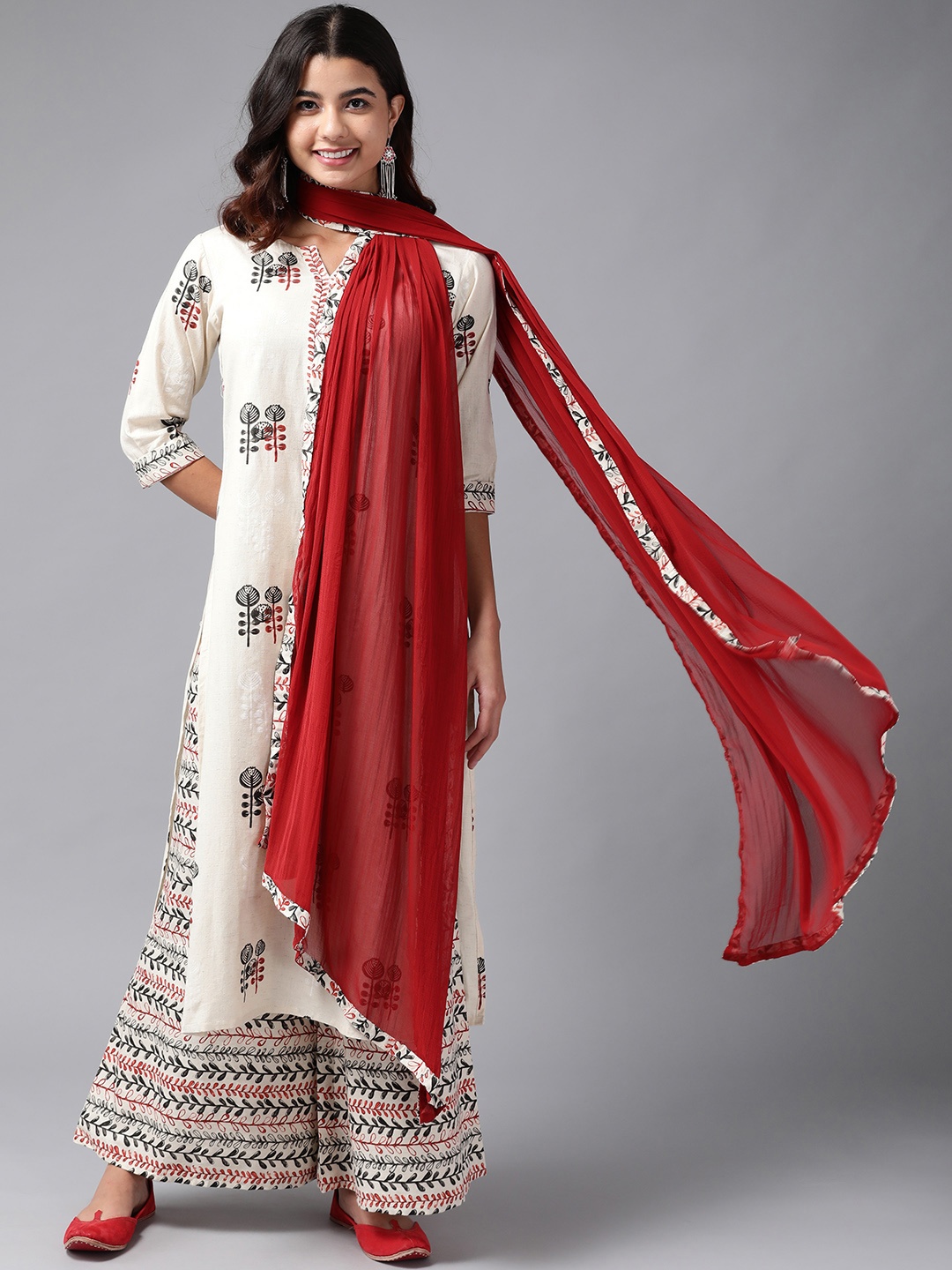 

Libas Women Off White & Red Ethnic Printed Pure Cotton Kurta with Palazzos & Dupatta