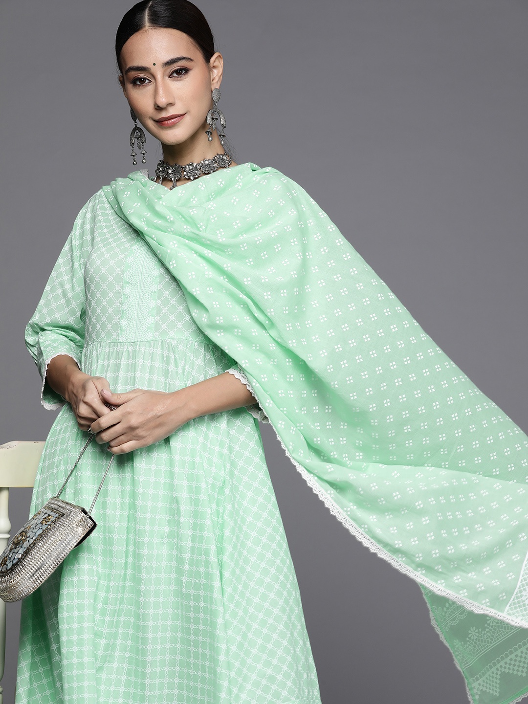 

Libas Women Green Pure Cotton Floral Printed Anarkali Kurta with Churidar & Dupatta