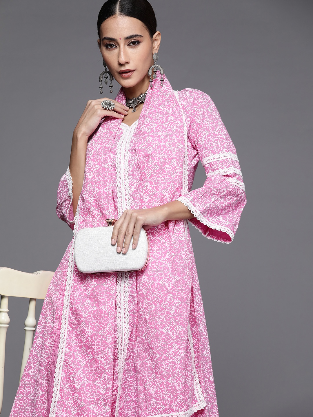 

Libas Women Pink & White Printed Pure Cotton Kurta with Palazzos & With Dupatta