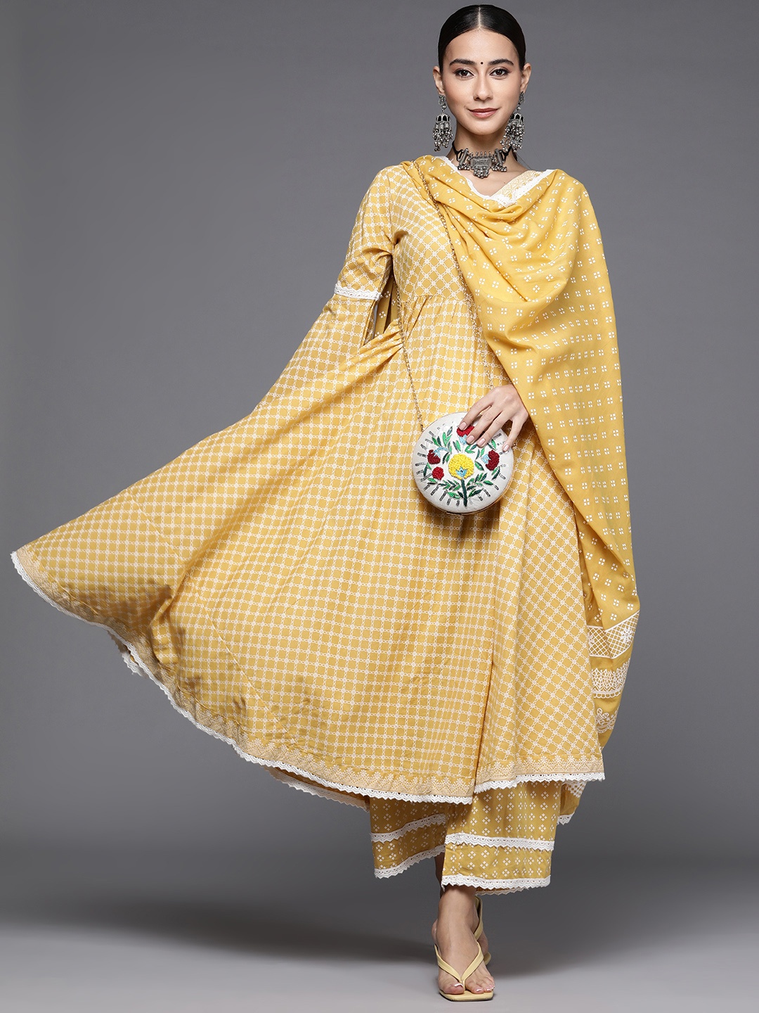 

Libas Women Mustard Yellow & White Pure Cotton Kurta with Palazzos & With Dupatta