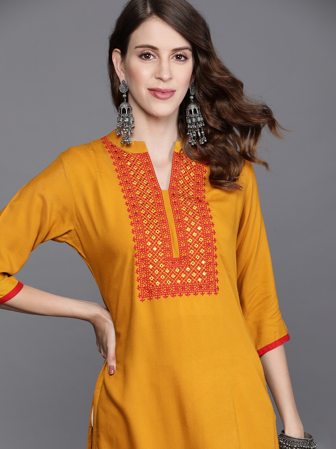 

Libas Women Yellow & Red Ethnic Motifs Yoke Design Thread Work Kurta