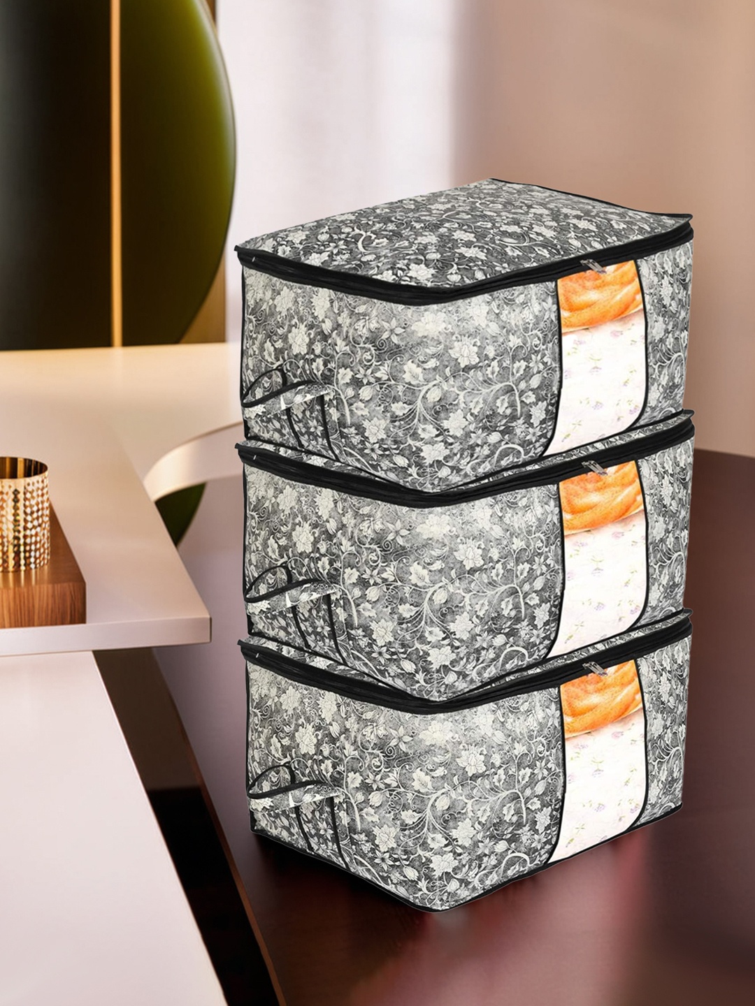 

Kuber Industries Set of 3 Black & Beige Metallic Printed Clothes Organisers