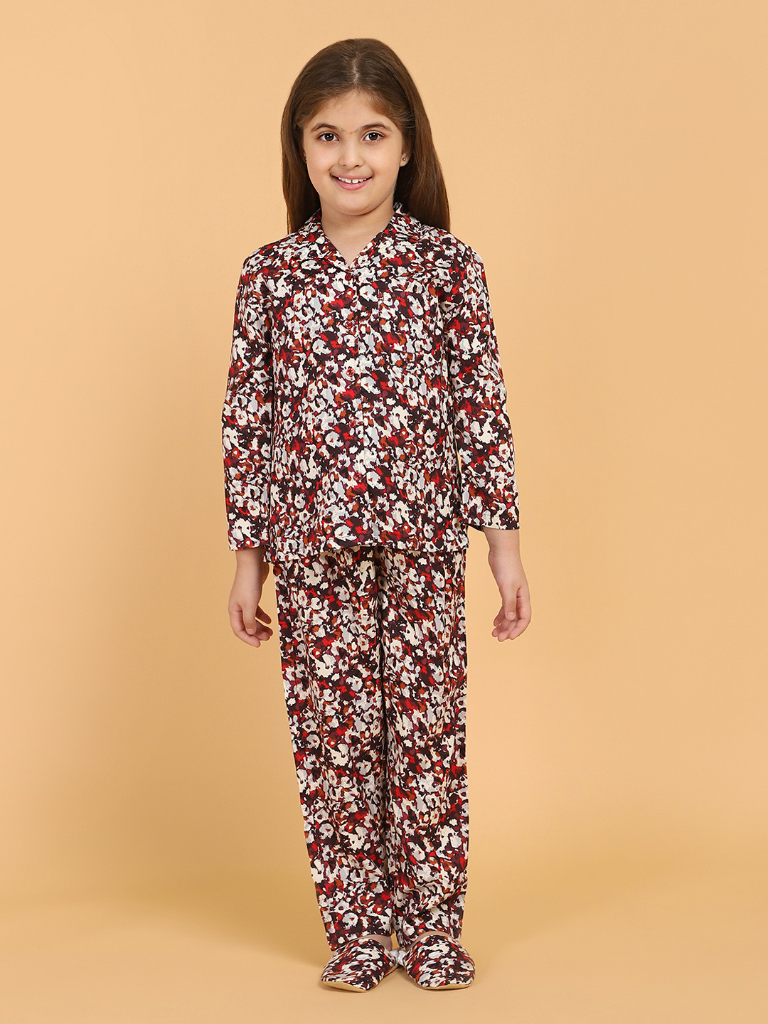 

PICCOLO Girls Maroon & Off-White Printed Night suit