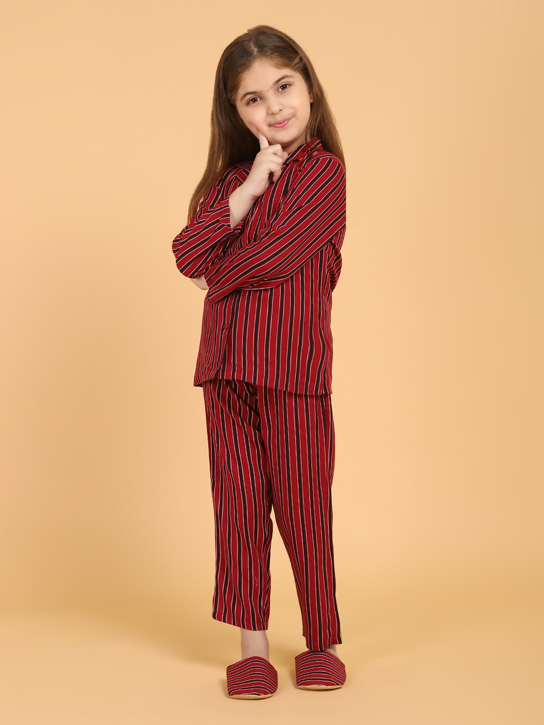 

PICCOLO Girls Maroon & Black Striped Pure Cotton Night Suit