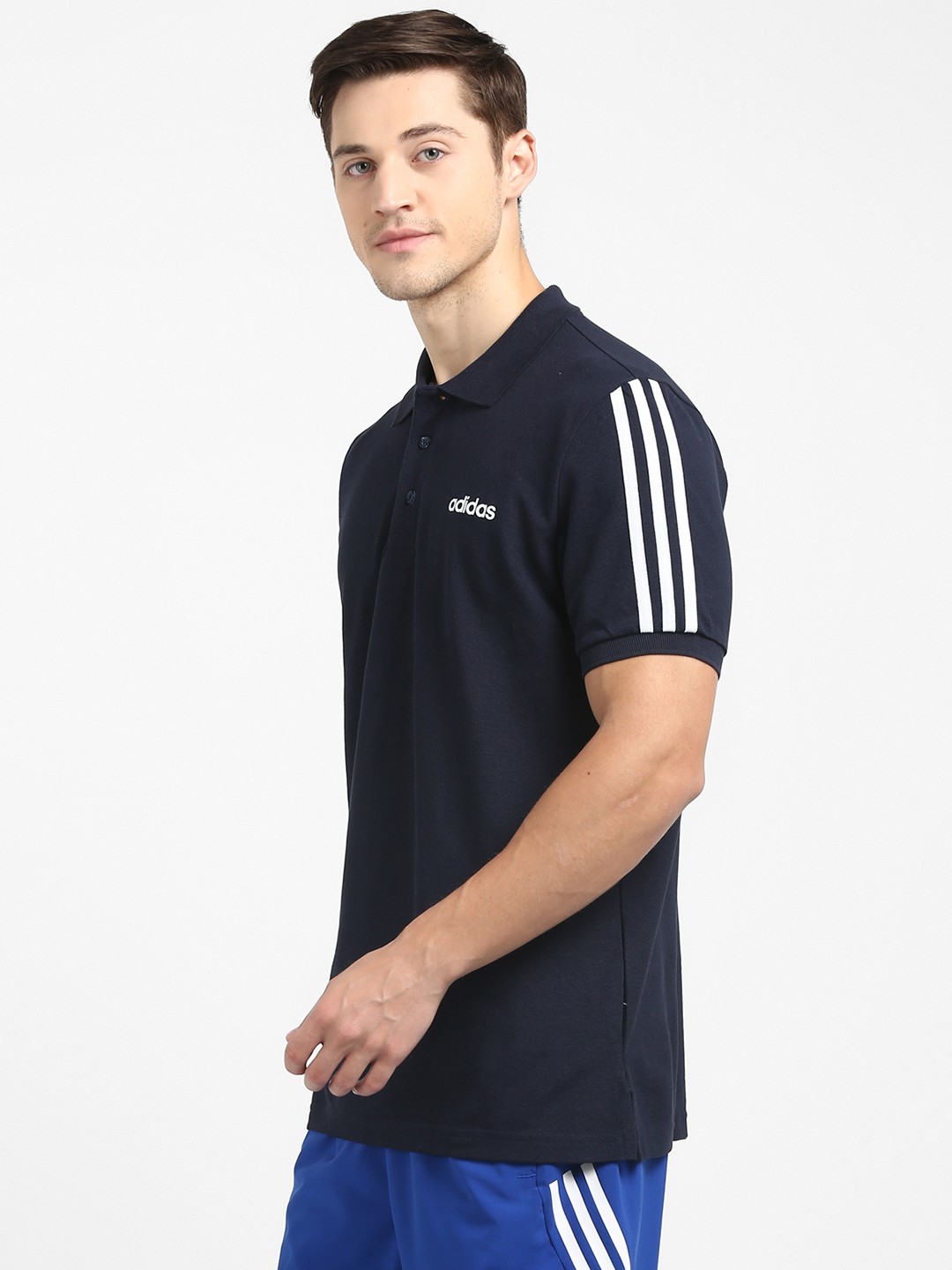 

ADIDAS Men Navy COT 3-Stripes Solid Polo T-Shirt, Navy blue