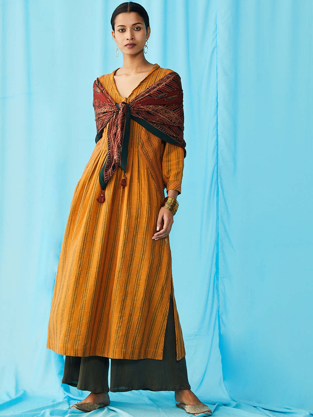 

Ritu Kumar Women Mustard Yellow & Black Striped Kurta