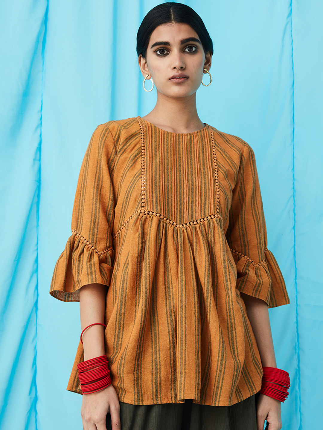 

Ritu Kumar Mustard Brown & Grey Striped Cotton Bell Sleeve A-Line Top