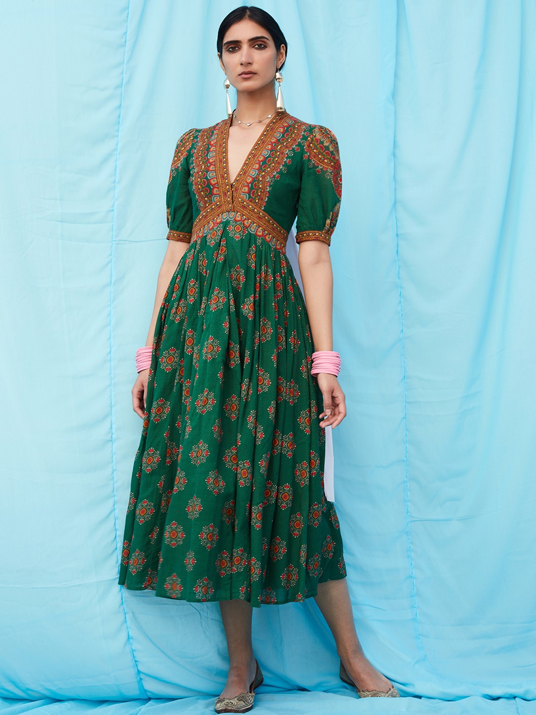 

Ritu Kumar Green & Rust Ethnic Motifs A-Line Midi Dress