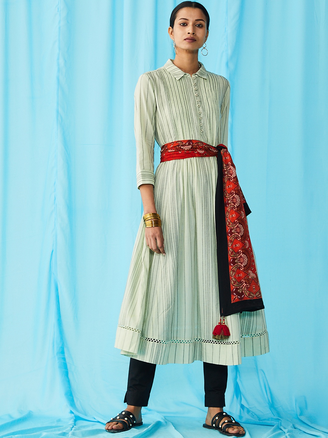 

Ritu Kumar Women Green Self-Striped Cotton Thread Work Kurta