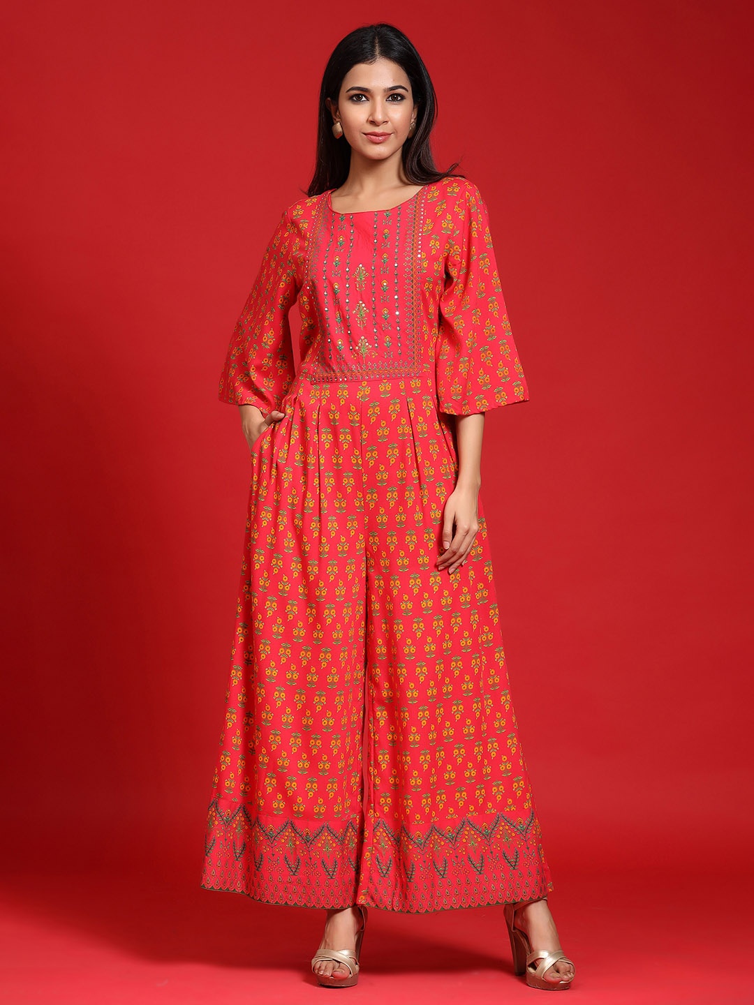 

Juniper Red & Green Ethnic Printed Culotte Jumpsuit