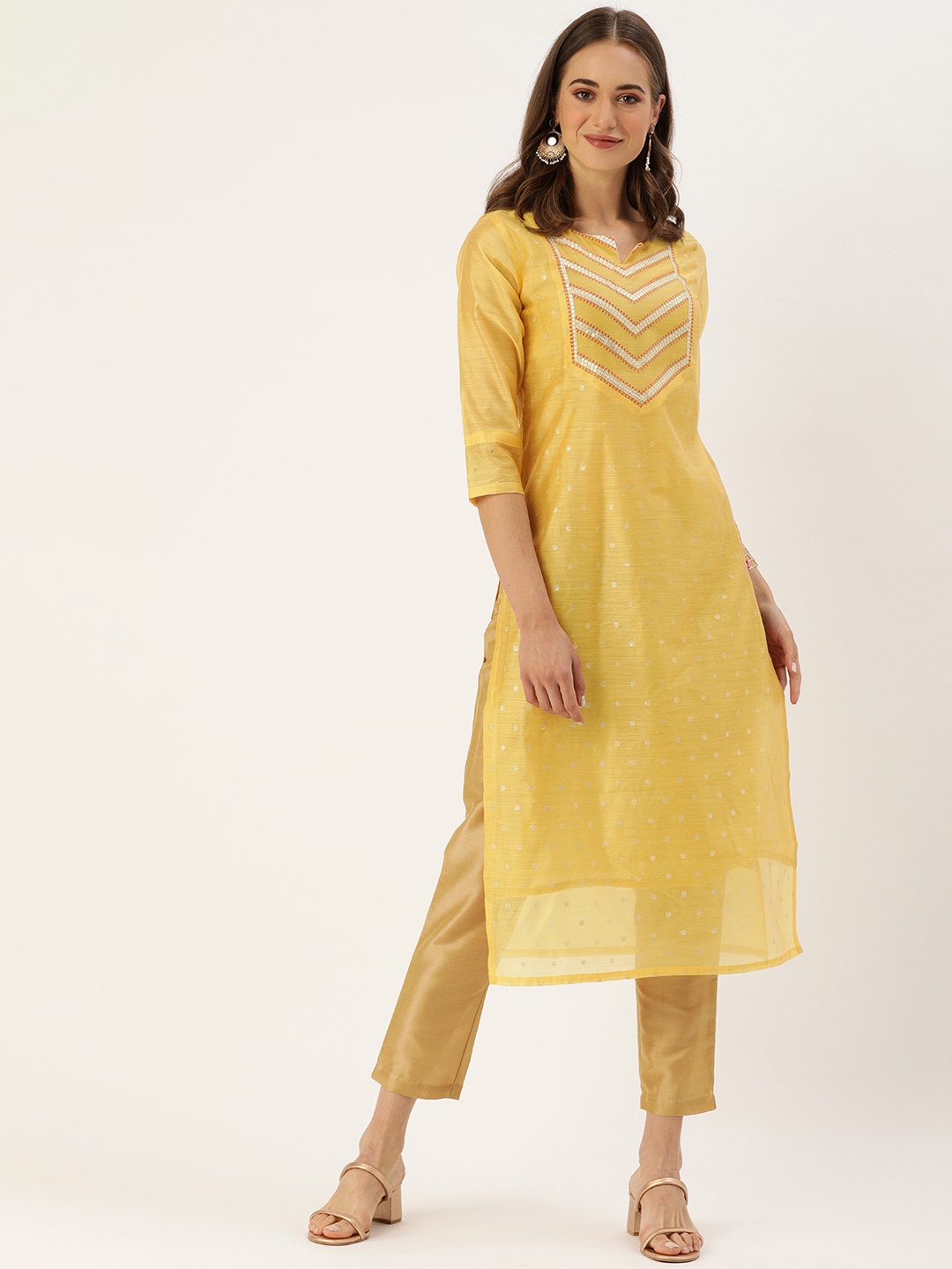 

Varanga Women Mustard Yellow & Gold-Toned Embroidered Kurta