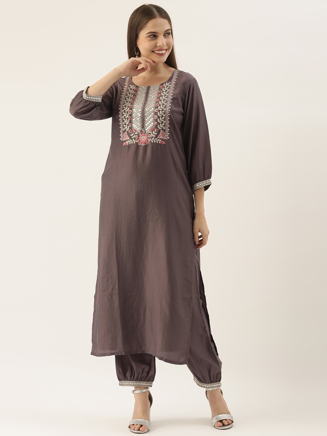 

Varanga Women Grey Embroidered Kurta with Palazzos