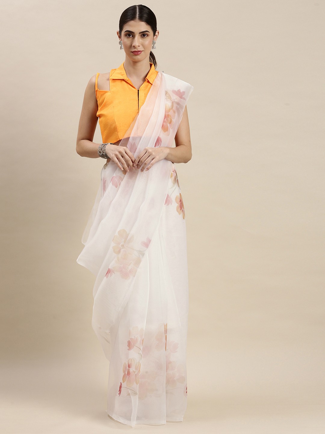 

Mitera White Floral Organza Saree