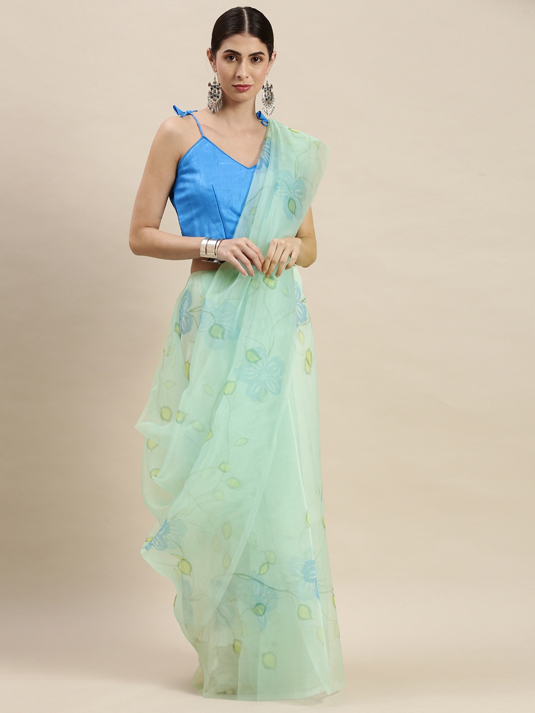 

Mitera Sea Green & Blue Floral Print Organza Saree