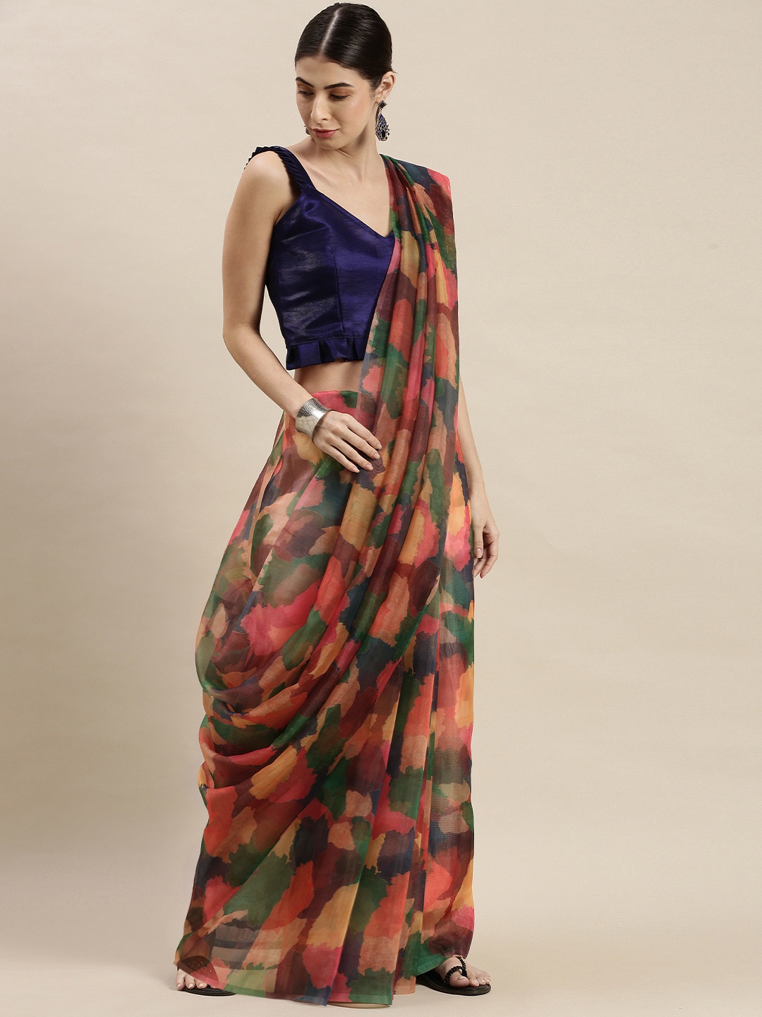 

Mitera Multicoloured Organza Tasseled Saree, Multi