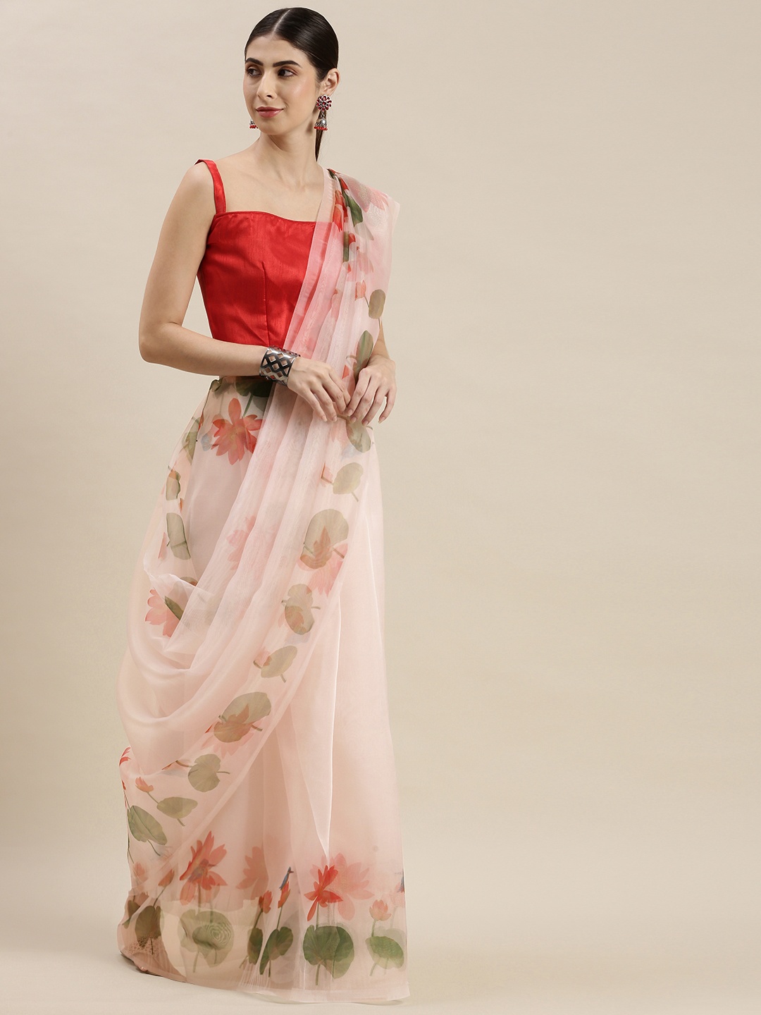 

Mitera Peach-Coloured & Red Floral Print Organza Saree