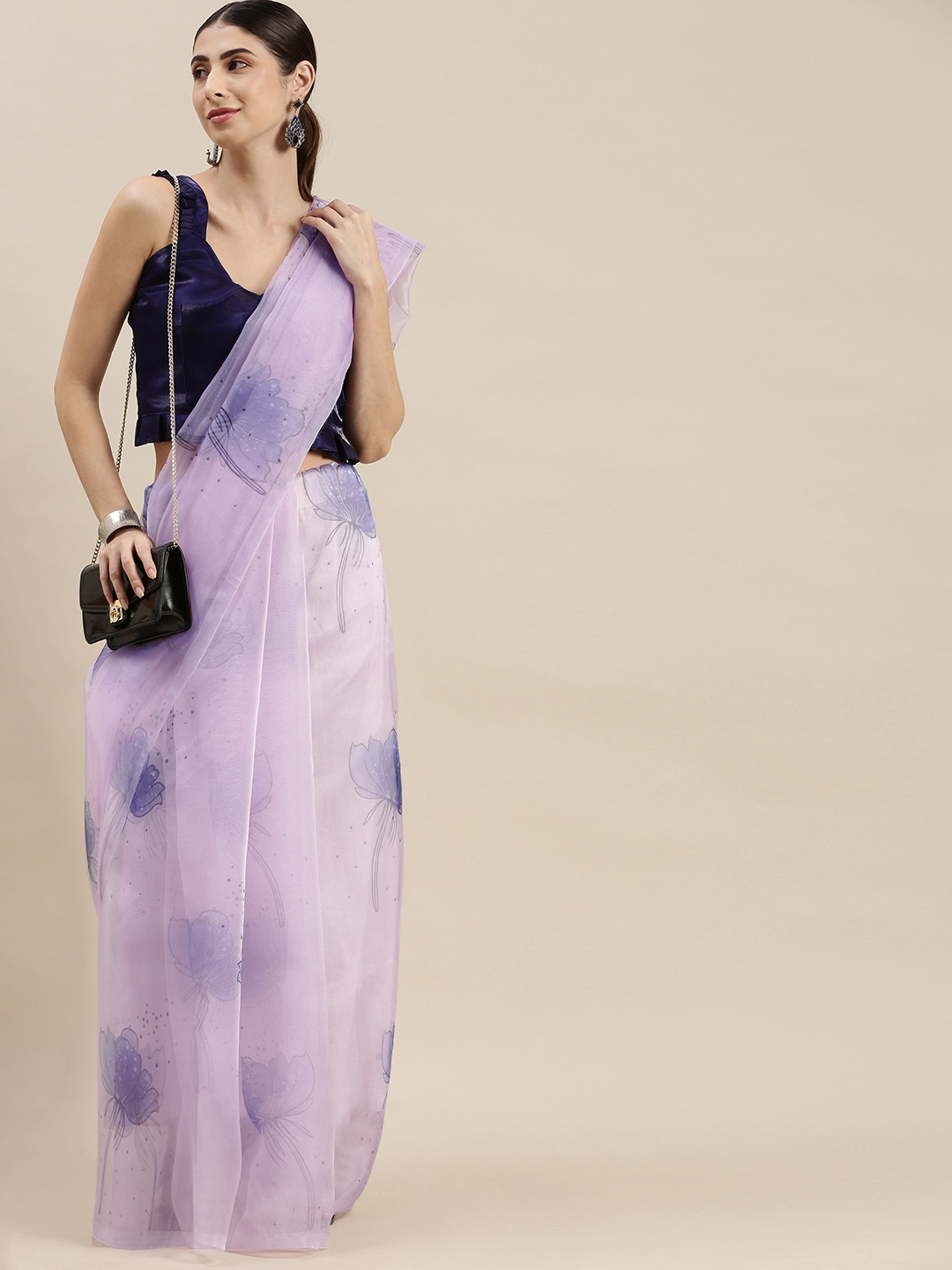 

Mitera Lavender & Blue Floral Print Organza Saree