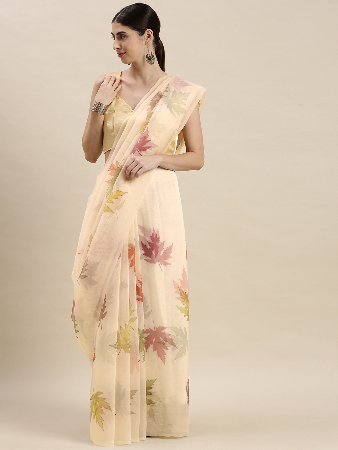 

Mitera Cream-Coloured & Pink Floral Print Organza Saree