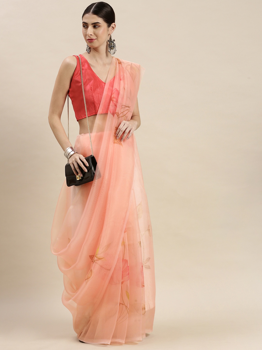 

Mitera Peach-Coloured & Pink Floral Print Organza Saree