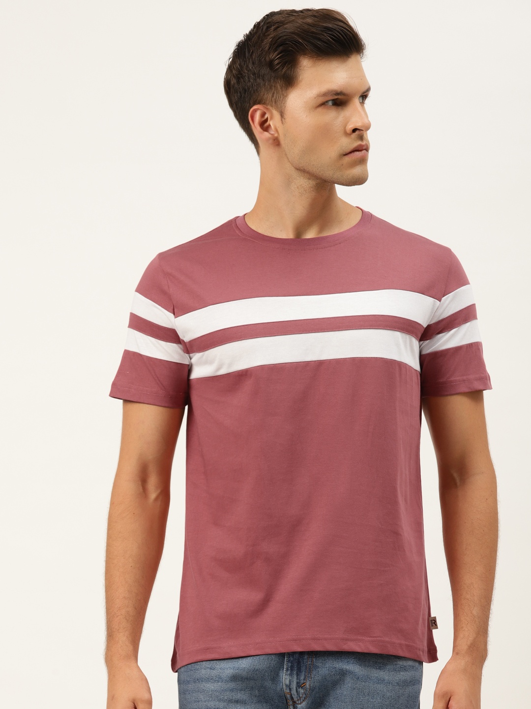 

Rodzen Men Dusky Pink & White Striped Cotton Round Neck T-shirt