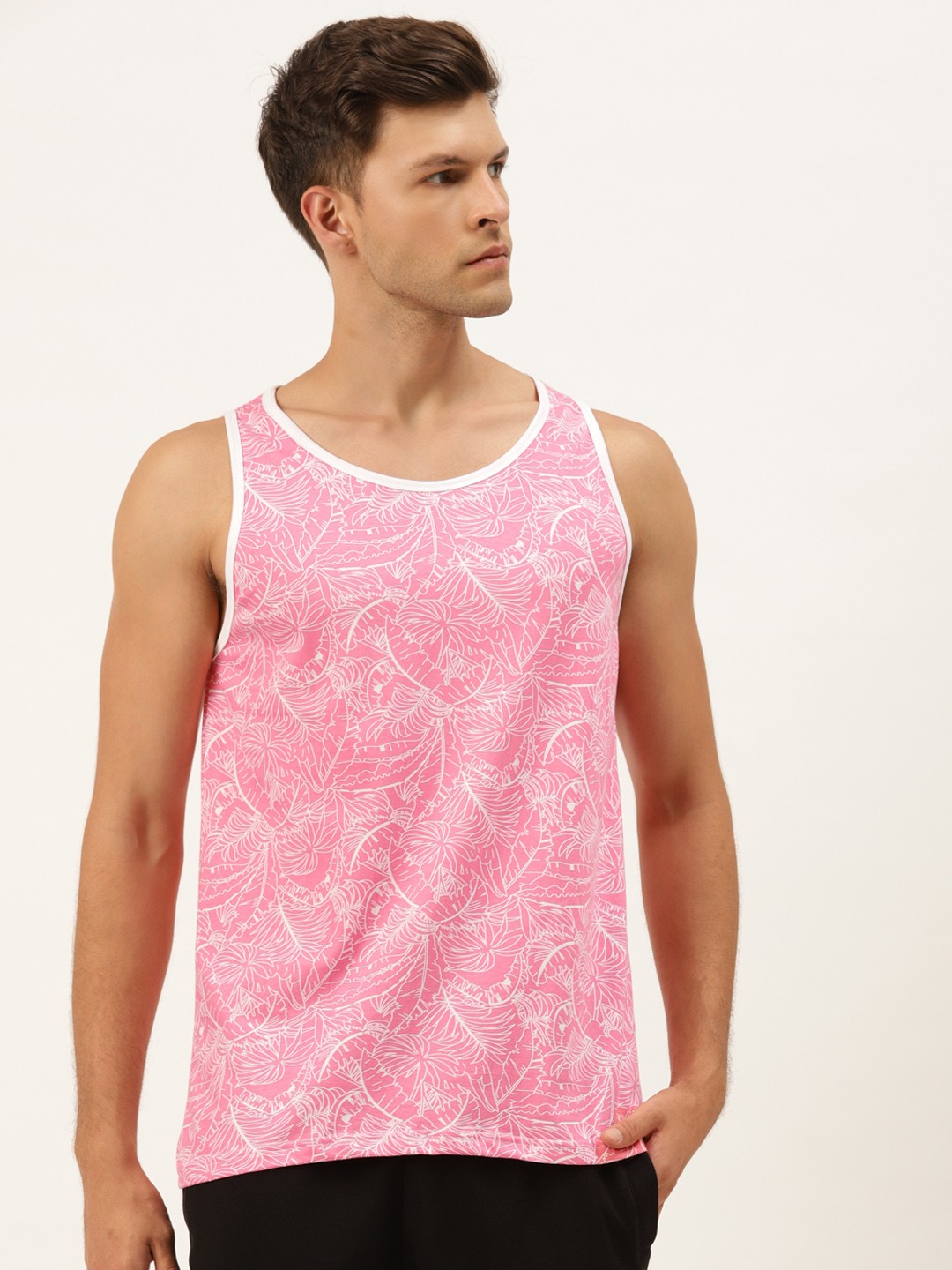 

Rodzen Men Pink & White Floral Print Sleeveless T-shirt