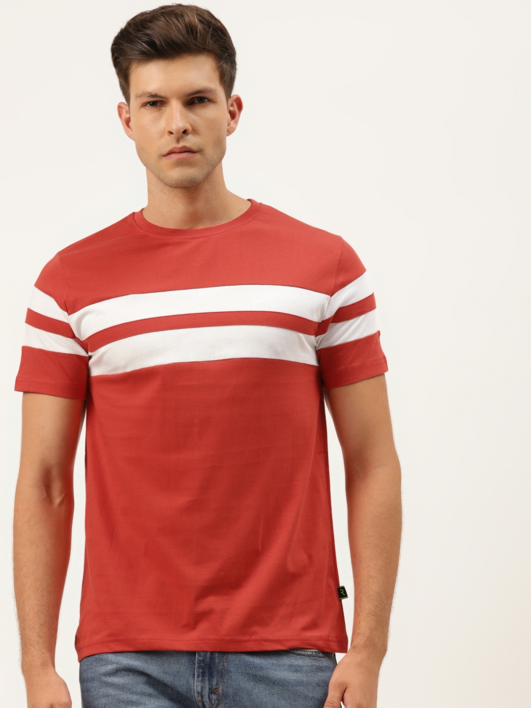 

Rodzen Men Orange & White Striped Cotton Round Neck T-shirt